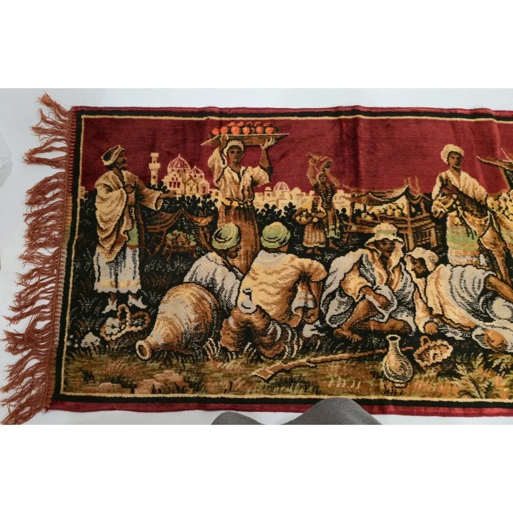 Vintage Middle Eastern Desert Marketplace Velvet Tapestry Fringed Rug 40
